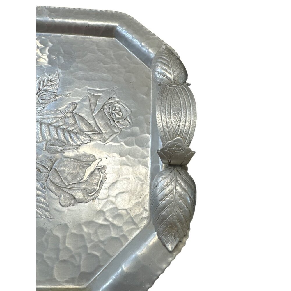 Trade Continental Rose floral hand wrought 855 silver look tray SKU 3712 - Picture 7 of 9